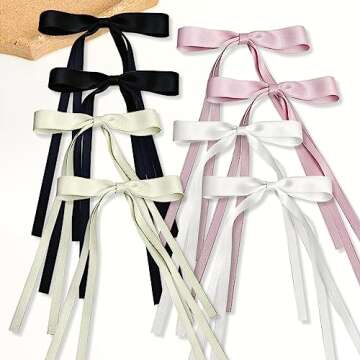 8Pcs Tassel Ribbon Bowknot Hair Clips with Long Tails for Long Hair - Solid Barrettes and Hair Accessories for Women and Girls (4 Colors: White, Pink, Black, Beige)