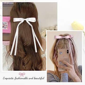 8Pcs Tassel Ribbon Bowknot Hair Clips with Long Tails for Long Hair - Solid Barrettes and Hair Accessories for Women and Girls (4 Colors: White, Pink, Black, Beige)