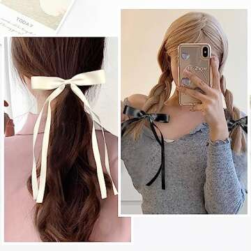 8Pcs Tassel Ribbon Bowknot Hair Clips with Long Tails for Long Hair - Solid Barrettes and Hair Accessories for Women and Girls (4 Colors: White, Pink, Black, Beige)