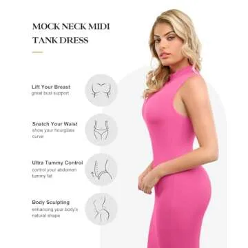Popilush Shapewear Dress Midi Bodycon - Mock Neck Built in Shapewear Bra 9 in 1 Sleeveless Slip Dress for Women Pink