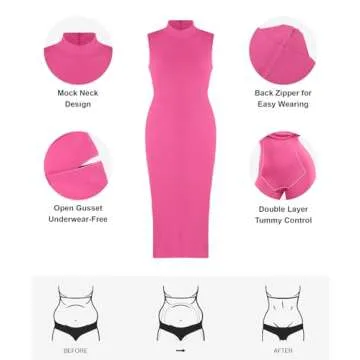 Popilush Shapewear Dress Midi Bodycon - Mock Neck Built in Shapewear Bra 9 in 1 Sleeveless Slip Dress for Women Pink