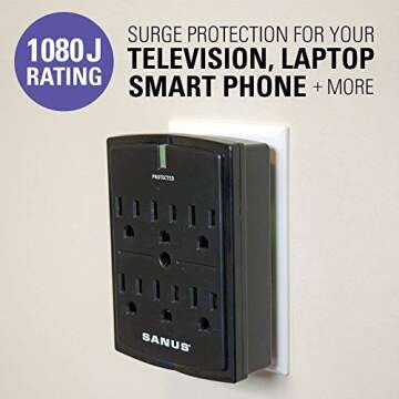 SANUS On-Wall Low Profile 1080J Fireproof Surge Protector with 6 AC Outlets & 3 Lines of Protection ...