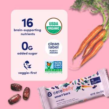 Cerebelly Toddler Snack Bars – Organic Carrot Date Smart Bars (Pack of 5), Healthy & Organic Whole Grain Bars with Veggies & Fruit, 16 Brain-supporting Nutrients from Superfoods, No Added Sugar