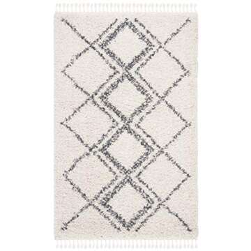 SAFAVIEH Pro Luxe Shag Collection Area Rug - 5' x 8', Cream & Blue, Moroccan Boho Tassel Design, Non...