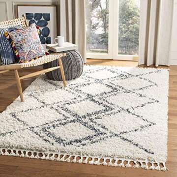 SAFAVIEH Pro Luxe Shag Collection Area Rug - 5' x 8', Cream & Blue, Moroccan Boho Tassel Design, Non-Shedding & Easy Care, 2.4-inch Thick Ideal for High Traffic Areas in Living Room, Bedroom (PLX432A)