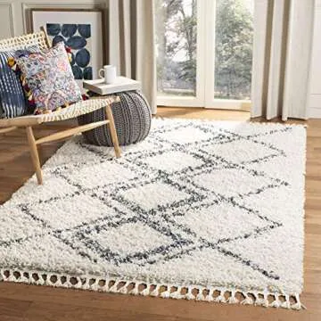 SAFAVIEH Pro Luxe Shag Collection Area Rug - 5' x 8', Cream & Blue, Moroccan Boho Tassel Design, Non-Shedding & Easy Care, 2.4-inch Thick Ideal for High Traffic Areas in Living Room, Bedroom (PLX432A)