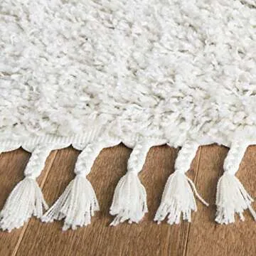 SAFAVIEH Pro Luxe Shag Collection Area Rug - 5' x 8', Cream & Blue, Moroccan Boho Tassel Design, Non-Shedding & Easy Care, 2.4-inch Thick Ideal for High Traffic Areas in Living Room, Bedroom (PLX432A)