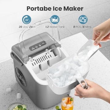 AGLUCKY Ice Makers Countertop, Portable Ice Machine Maker with Handle, Self-Cleaning, 26Lbs/24H, 9 C...