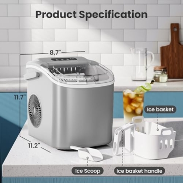 AGLUCKY Ice Makers Countertop, Portable Ice Machine Maker with Handle, Self-Cleaning, 26Lbs/24H, 9 Cubes Ready in 6 Mins, Scoop and Basket, for Home/Office/Kitchen (Grey)