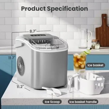 AGLUCKY Ice Makers Countertop, Portable Ice Machine Maker with Handle, Self-Cleaning, 26Lbs/24H, 9 Cubes Ready in 6 Mins, Scoop and Basket, for Home/Office/Kitchen (Grey)