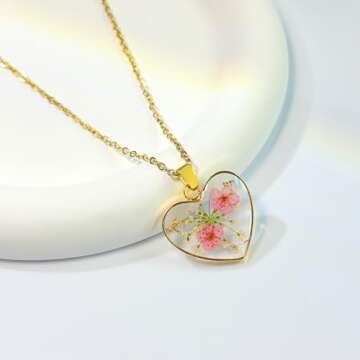 KBFORU Heart Necklaces for Women - Daffodil Real Flower Necklace - Handmade Daffodil and Queen Anne'S Lace Pressed Flower Resin Necklace - Gold | 18"