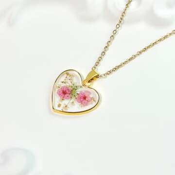 KBFORU Heart Necklaces for Women - Daffodil Real Flower Necklace - Handmade Daffodil and Queen Anne'S Lace Pressed Flower Resin Necklace - Gold | 18"