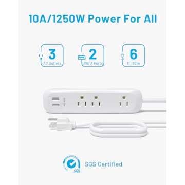 Power Strip Surge Protector with USB Ports, 6 Feet 3 Prong for Home Office
