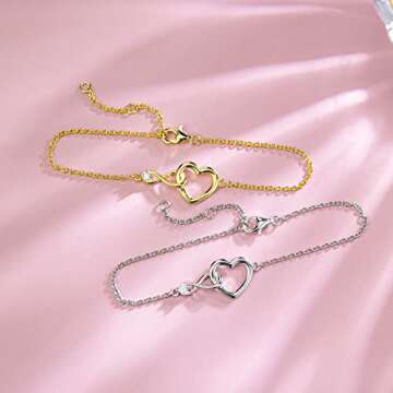 FANCIME Infinity Love Heart Bracelet 925 Sterling Silver Gold Plated Cubic Zirconia CZ Diamond Dainty Fine Jewelry Anniversary Birthday Christmas Gifts for Women Mom, Chain 6.7"+1.2"