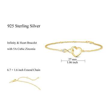 FANCIME Infinity Love Heart Bracelet 925 Sterling Silver Gold Plated Cubic Zirconia CZ Diamond Dainty Fine Jewelry Anniversary Birthday Christmas Gifts for Women Mom, Chain 6.7"+1.2"