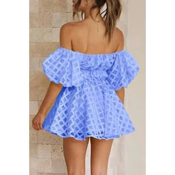 PRETTYGARDEN Women's Off The Shoulder Babydoll Dress Short Puff Sleeve Casual A Line Ruffle Summer Dresses (Plaid Light Blue,Medium)