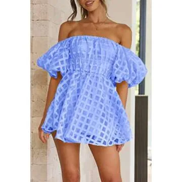 PRETTYGARDEN Women's Off The Shoulder Babydoll Dress Short Puff Sleeve Casual A Line Ruffle Summer Dresses (Plaid Light Blue,Medium)