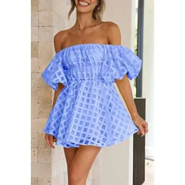 PRETTYGARDEN Women's Off The Shoulder Babydoll Dress Short Puff Sleeve Casual A Line Ruffle Summer Dresses (Plaid Light Blue,Medium)