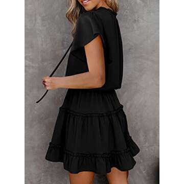 Dokotoo Womens Cute Spring Summer Casual Sexy Deep V Neck Ruffle Chiffon Lantern Short Sleeve Elegant Empire Waist Flowy Mini Short Skirt Dresses for Women Party 2023 Black Small