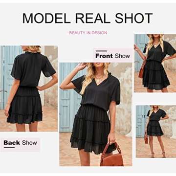 Dokotoo Womens Cute Spring Summer Casual Sexy Deep V Neck Ruffle Chiffon Lantern Short Sleeve Elegant Empire Waist Flowy Mini Short Skirt Dresses for Women Party 2023 Black Small