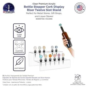 Marketing Holders Wine Bottle Topper Liquor Pourer Display Stand 12 Slot Rack .75 Inch Wide Holes Clear Acrylic 2 Tier Riser 11.75 Inch Wide by 4.75 Inch Deep Retail Countertop Showcase