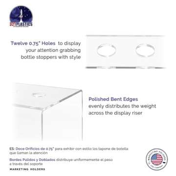 Marketing Holders Wine Bottle Topper Liquor Pourer Display Stand 12 Slot Rack .75 Inch Wide Holes Clear Acrylic 2 Tier Riser 11.75 Inch Wide by 4.75 Inch Deep Retail Countertop Showcase