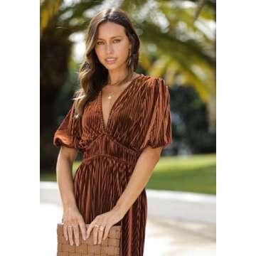 Sissyaki Women's Velvet Dress Formal Dresses for Wedding Guest 2024 Fall Dress Caramel M