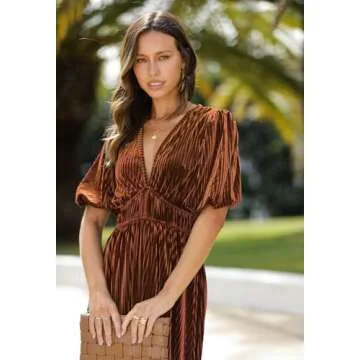 Sissyaki Women's Velvet Dress Formal Dresses for Wedding Guest 2024 Fall Dress Caramel M