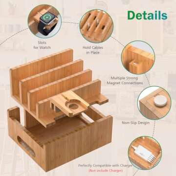 Pezin & Hulin Cell Phone Charging Stations, Bamboo Dock Organizer for Multi Devices, Tablets, Smart ...