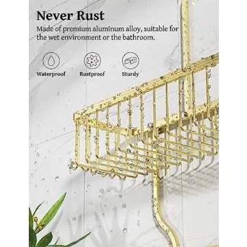 YASONIC Shower Caddy Hanging - Never Rust Shower Organizer - Aluminum over The shower head caddy with 10 Hooks for Razor/Sponge - Shower Rack with Soap Basket - Gold