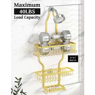YASONIC Shower Caddy Hanging - Never Rust Shower Organizer - Aluminum over The shower head caddy with 10 Hooks for Razor/Sponge - Shower Rack with Soap Basket - Gold