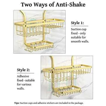 YASONIC Shower Caddy Hanging - Never Rust Shower Organizer - Aluminum over The shower head caddy with 10 Hooks for Razor/Sponge - Shower Rack with Soap Basket - Gold