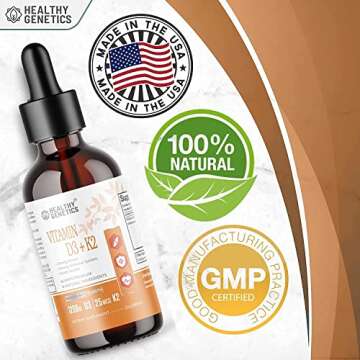 Healthy Genetics Liquid Vitamin D3 K2 Drops | Premium 5000IU for Bones & Heart Health | 2oz