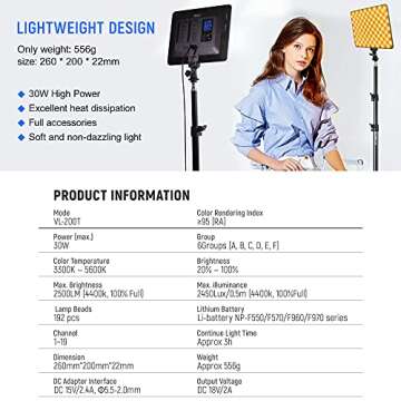 VILTROX 2 Packs LED Video Light kit with Light Stand and Wireless Remote, 30W/2450Lux Dimmable 3300K...