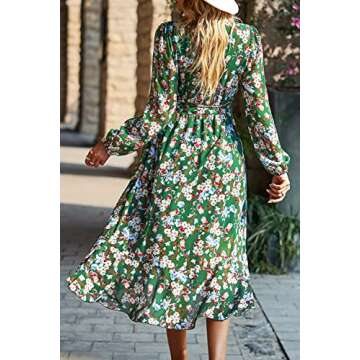 PRETTYGARDEN Women's Floral Print Boho Dress Long Sleeve Wrap V Neck Ruffle Belted A-Line Flowy Maxi Dresses (Floral Green,Medium)