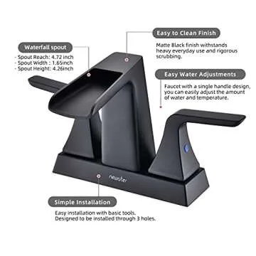 NEWATER Waterfall Bathroom Faucet 4 Inch Matte Black with Drain - Sink Vanity Upgrade