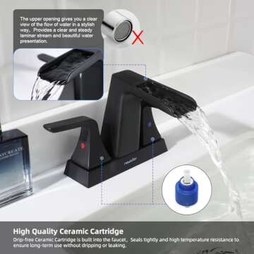 Waterfall Bathroom Faucets for Sink 2-3 Hole, NEWATER 4 inch Matte Black with Metal Pop-up Drain and 2 Supply Hoses,Brass 2-Handle Centerset Faucet for Sink Vanity