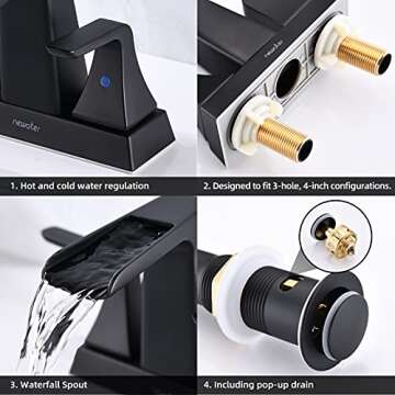 Waterfall Bathroom Faucets for Sink 2-3 Hole, NEWATER 4 inch Matte Black with Metal Pop-up Drain and 2 Supply Hoses,Brass 2-Handle Centerset Faucet for Sink Vanity