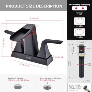 Waterfall Bathroom Faucets for Sink 2-3 Hole, NEWATER 4 inch Matte Black with Metal Pop-up Drain and 2 Supply Hoses,Brass 2-Handle Centerset Faucet for Sink Vanity