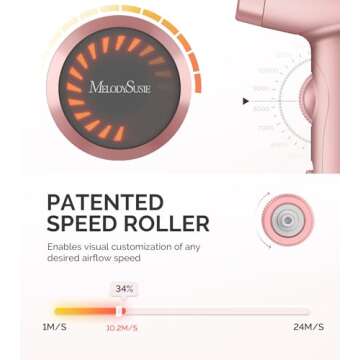 MelodySusie Hair Dryer, 1600W Professional Fast Drying Blow Dryer,120,000 RPM High Speed Ionic Hair Dryer,3 Temps & Stepless Speed Low Noise Damage Free Hair with Thermo-Control,Pink