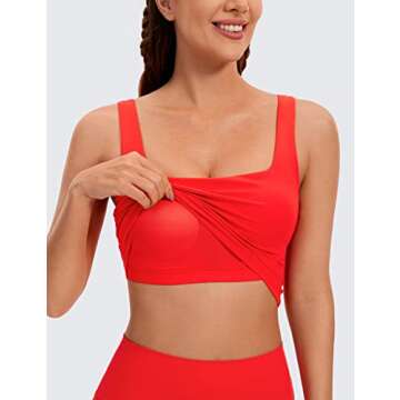CRZ YOGA Butterluxe Womens Square Neck Longline Sports Bra - Workout Crop Tank Tops Padded with Built in Shelf Yoga Bra Dark Red Large