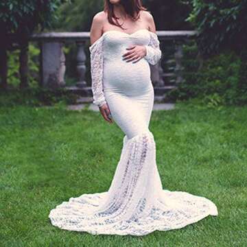 Pregnant Women Mermaid Long Maxi Off Shoulder Gown Photography Photo Shoot Maternity V Neck Lace Dress Long Sleeve Baby Shower White M