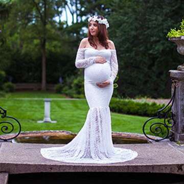 Pregnant Women Mermaid Long Maxi Off Shoulder Gown Photography Photo Shoot Maternity V Neck Lace Dress Long Sleeve Baby Shower White M