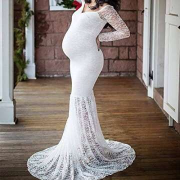 Pregnant Women Mermaid Long Maxi Off Shoulder Gown Photography Photo Shoot Maternity V Neck Lace Dress Long Sleeve Baby Shower White M