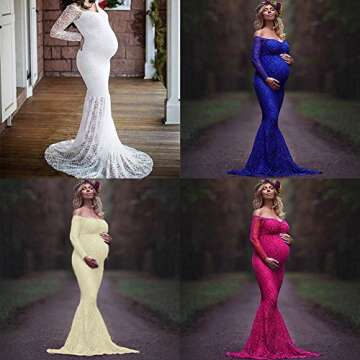 Pregnant Women Mermaid Long Maxi Off Shoulder Gown Photography Photo Shoot Maternity V Neck Lace Dress Long Sleeve Baby Shower White M
