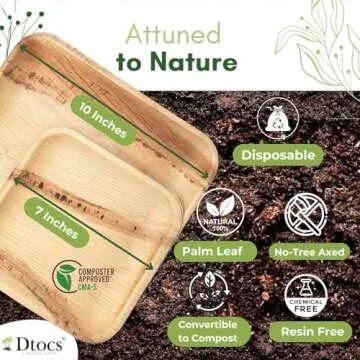 Dtocs Palm Leaf Plates Set (50) - 10 Inch Square Dinner Plates (25), 7" Dessert (25) | Bamboo Plates Disposable Look Compostable Plates Dinnerware | Sturdy Disposable Plates than Paper Plates 10 Inch