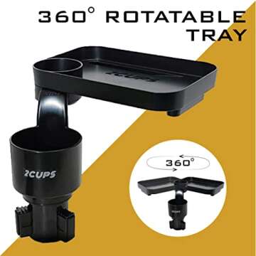 2CUPS Car Cup Holder Expander and Attachable Tray, Fits Yeti/Hydroflasks/Nalgene 16-40 oz. Dual Cup Holder with Adjustable Swivel Tray. Organizer Table for car, Truck, Automotive