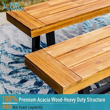 PHI VILLA Outdoor Acacia Wood Bench, 2 Piece 63" Long Patio Dining Picnic Bench for 6 People, Backle...