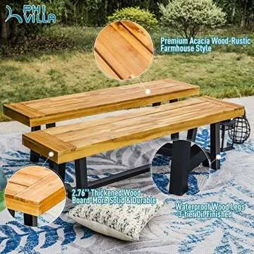 PHI VILLA Outdoor Acacia Wood Bench, 2 Piece 63" Long Patio Dining Picnic Bench for 6 People, Backless Oil Finished Teak Bench Supports 550lbs, Classic Brown and Black
