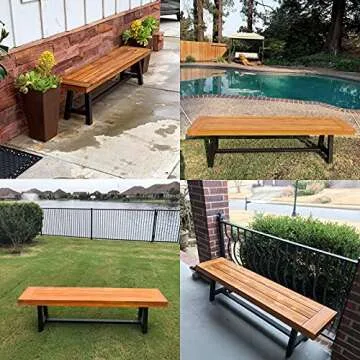 PHI VILLA Outdoor Acacia Wood Bench, 2 Piece 63" Long Patio Dining Picnic Bench for 6 People, Backless Oil Finished Teak Bench Supports 550lbs, Classic Brown and Black